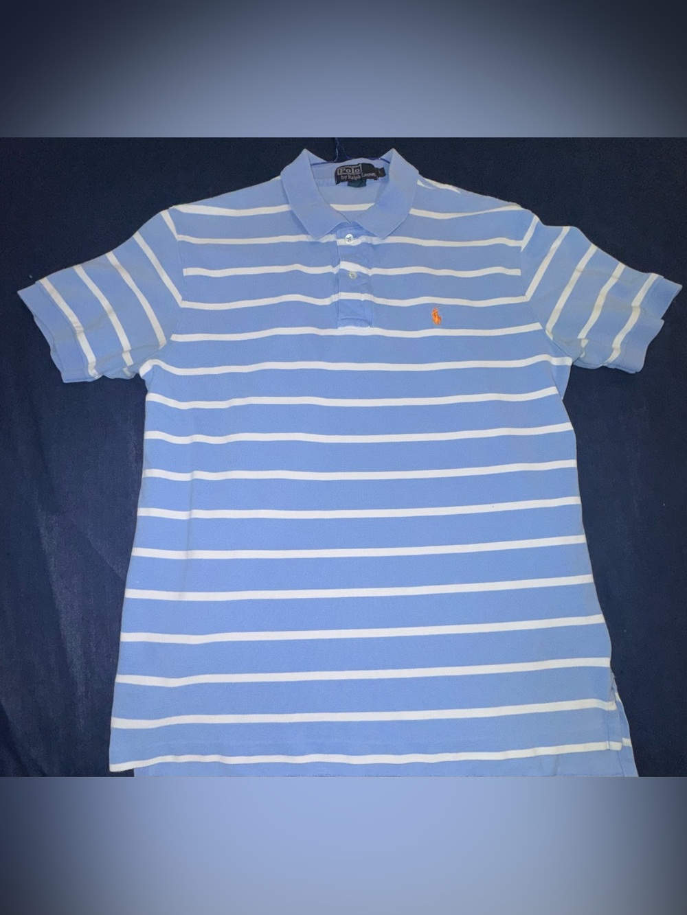 Men’s L Ralph Lauren Light Blue and White Striped Polo Orange Embroidered Emblem